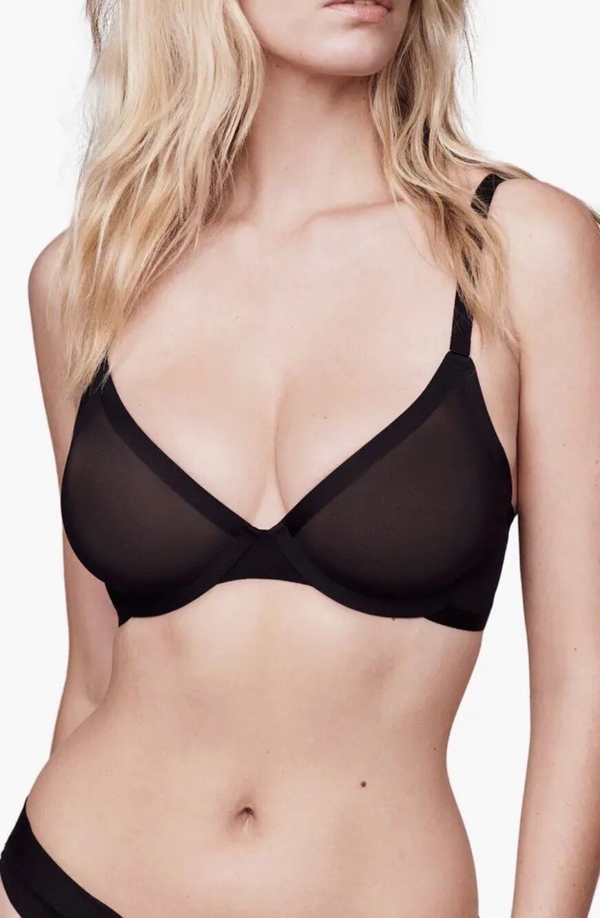 CUUP The Plunge Bra 38E Black Sheer Mesh Underwire Minimalist Lingerie